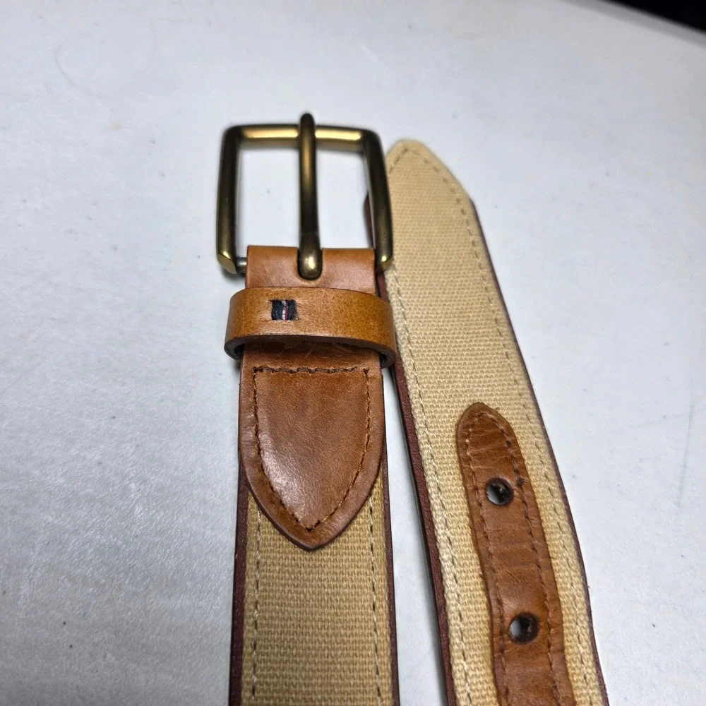 Tommy Hilfiger Mens Tan Leather Canvas Ribbon Belt Size 40 Preppy Classic Khaki